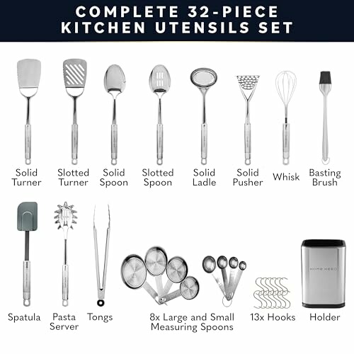 Complete 32-piece kitchen utensil set with various tools including turners, spoons, whisk, and measuring spoons.