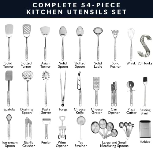 Complete 54-piece kitchen utensil set with various tools like spoons, spatula, whisk, and hooks.