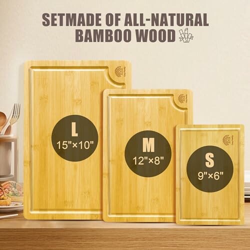 Set of all-natural bamboo wood cutting boards in three sizes.