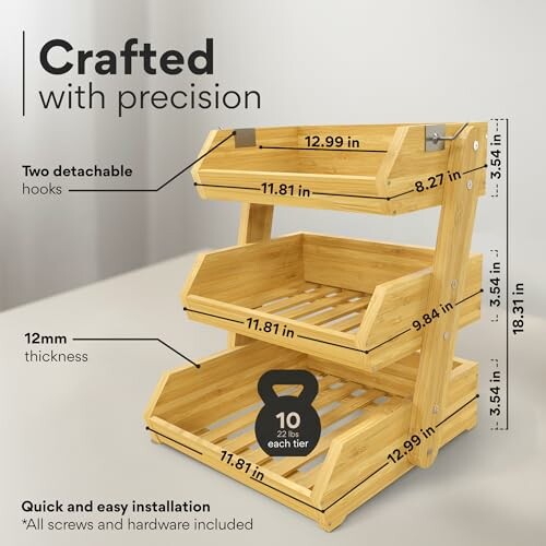 Three-tier bamboo shelf organizer with dimensions and detachable hooks.