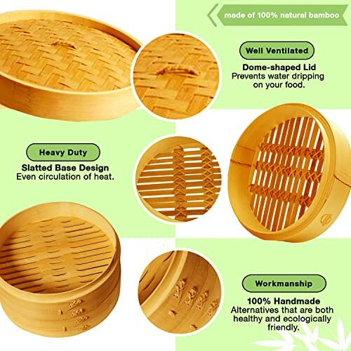 Bamboo steamer with detailed features and descriptions.