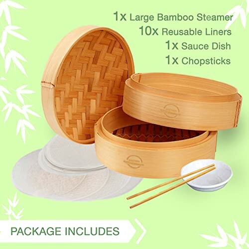 Bamboo steamer set with liners, sauce dish, and chopsticks.