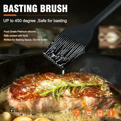 Basting brush applying sauce to steak in a pan.