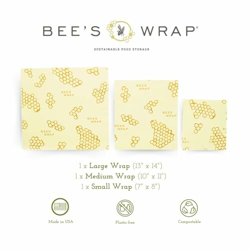 Bee's Wrap sustainable food storage wraps in three sizes.