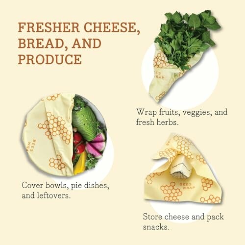 Beeswax wraps used for storing produce, bowls, and cheese.