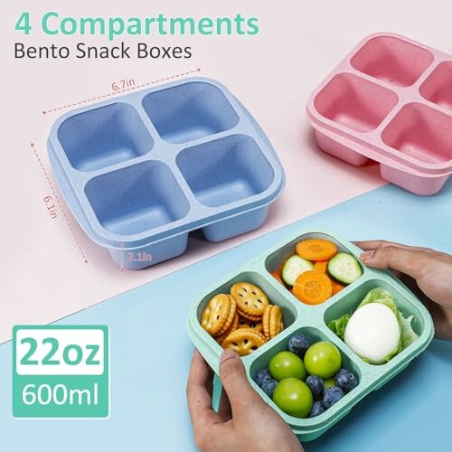 Colorful bento snack boxes with four compartments, containing snacks and measurements.