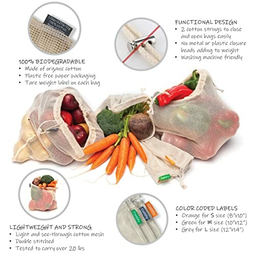 Biodegradable produce bags with fruits and vegetables, showcasing features and design.