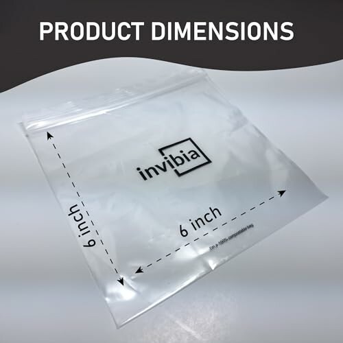 Clear plastic bag with 6x6 inch dimensions and invibia logo.