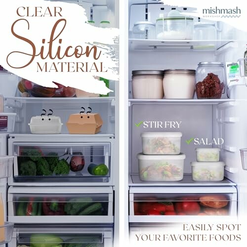 Open fridge with clear silicon containers storing various foods.