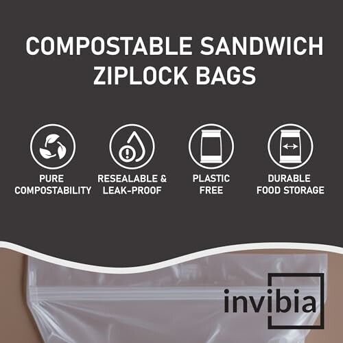 Compostable sandwich ziplock bags with features like pure compostability, resealable and leak-proof, plastic-free, durable food storage.