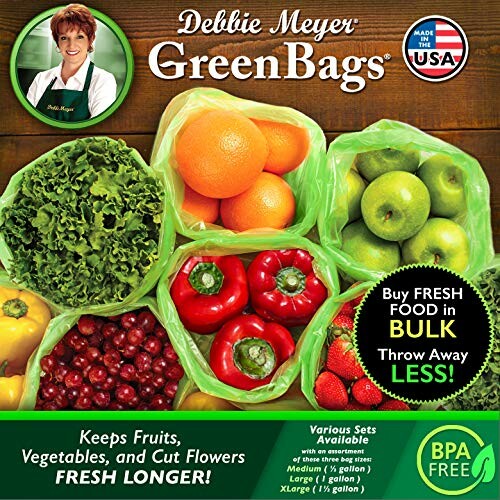 GreenBags for keeping produce fresh with fruits and vegetables displayed.