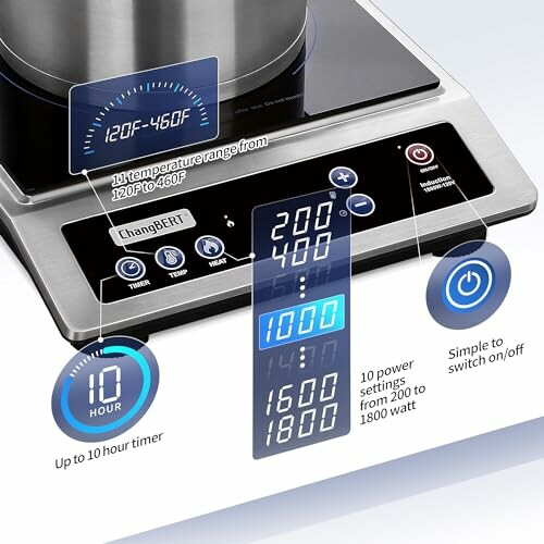 Digital induction cooktop with temperature and power settings display.