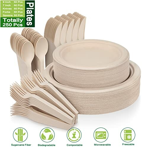 Eco-friendly disposable dinnerware set with plates, forks, spoons, and knives.