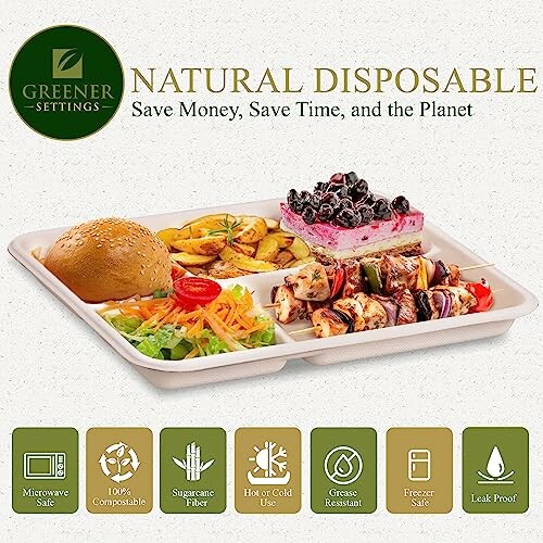 Eco-friendly disposable plate with food and features.