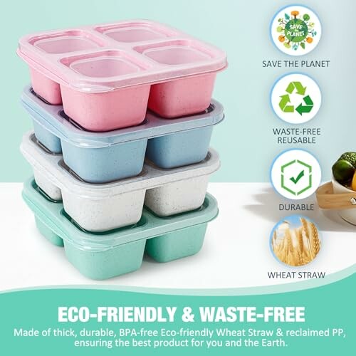 Stack of eco-friendly, reusable food containers in pastel colors with sustainability icons.