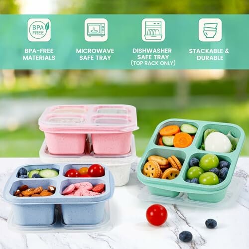 Eco-friendly food storage containers with snacks and fruits.