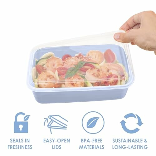 Hand sealing a food container with shrimp salad inside, emphasizing freshness.