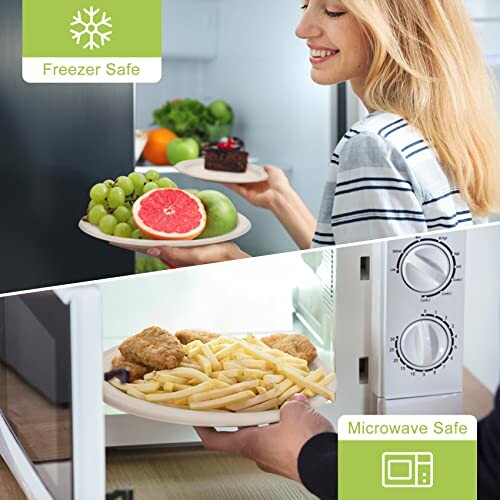 Woman placing food in microwave, showing freezer and microwave safe features.