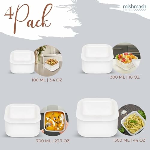 Set of four white food storage containers in different sizes.