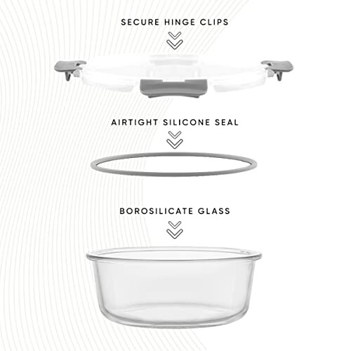 Components of a glass container with hinge clips, silicone seal, and borosilicate glass.