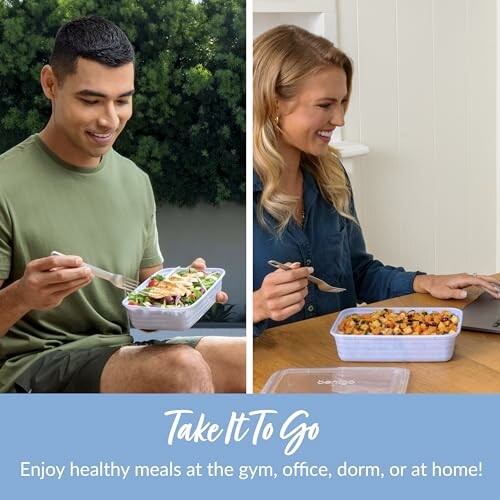 Two people enjoying healthy takeaway meals in different settings.