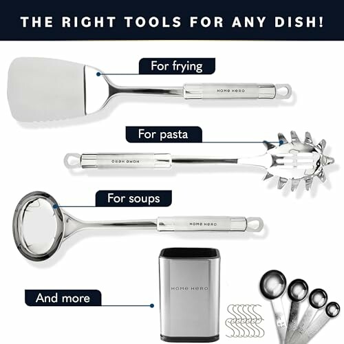 Kitchen utensil set including spatula, pasta server, ladle, measuring spoons, and holder.