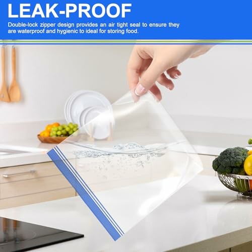 Hand holding a leak-proof plastic storage bag with water inside over a kitchen counter.