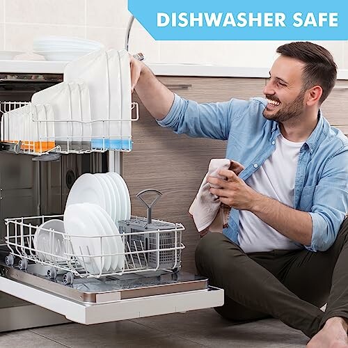 Man loading dishwasher with clean dishes and text 'Dishwasher Safe'