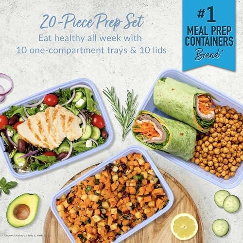 20-piece meal prep set with salad, wrap, and roasted veggies in containers.