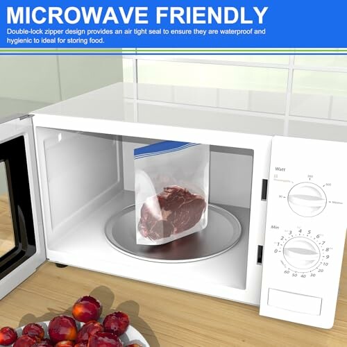 Microwave with a sealed bag containing meat inside.