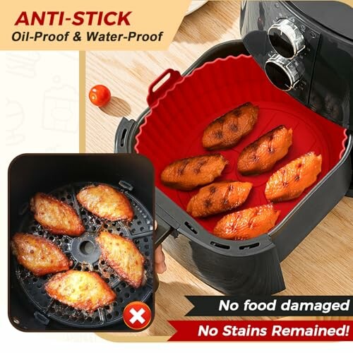 Non-stick air fryer liner with cooked food.