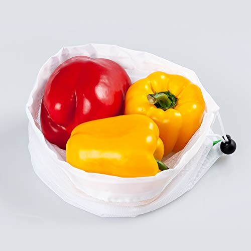 Reusable produce bag with red and yellow bell peppers.