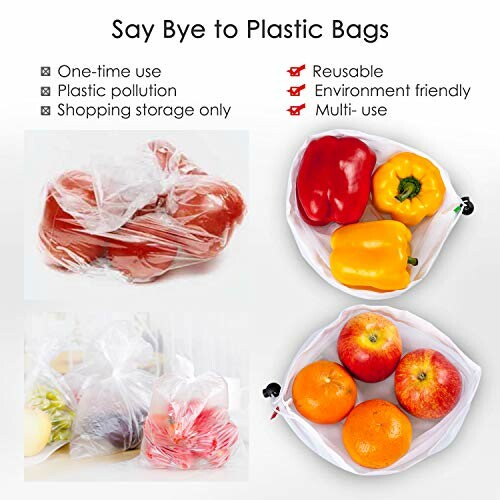 Comparison of plastic bags and reusable produce bags with fruits and vegetables.