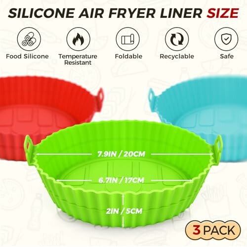 Silicone air fryer liner with size details and features.