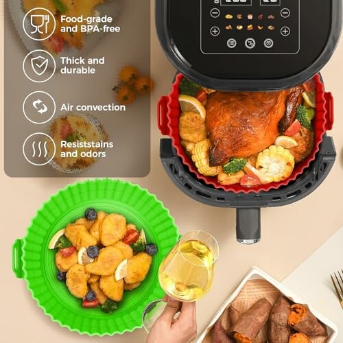 Silicone air fryer liners with food items and features highlighted.