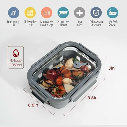 Leak-proof silicone food container with measurements and features.