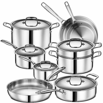 Stainless steel cookware set with pots, pans, and lids.