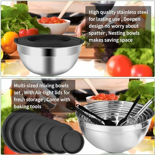 Stainless steel mixing bowls with lids and kitchen utensils.