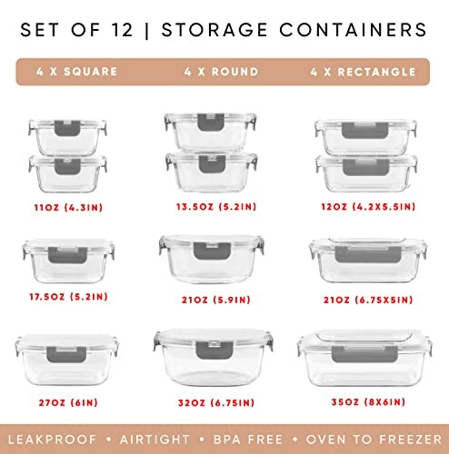 Set of 12 storage containers in various shapes and sizes.