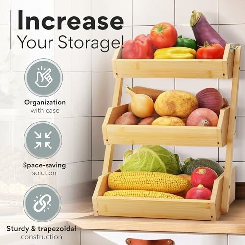 Wooden kitchen storage rack with fruits and vegetables.