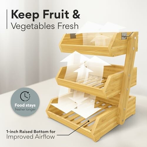 Wooden storage rack for keeping fruits and vegetables fresh.