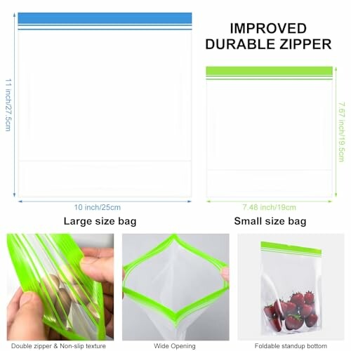 Comparison of large and small zipper bags with features.